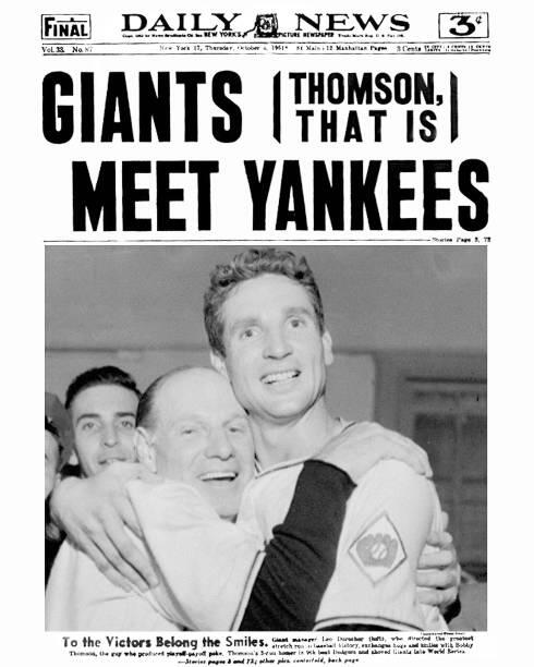 Daily News front page October 4, 1951, Headlines: Giants (Thomson, That Is) Meet Yankees”, New York Giants' Bobby Thomson celebrates his " shot heard around the world" with manager Leo Durocher. Photo by NY Daily News Archive via Getty Images.