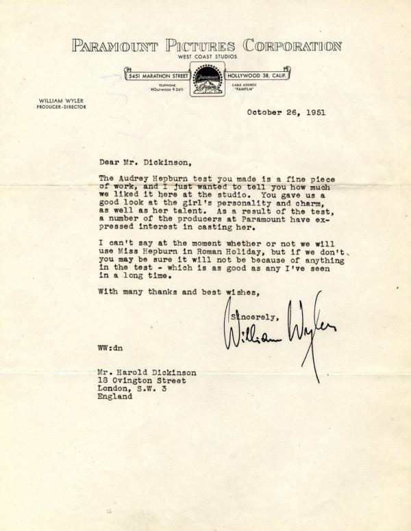 William Wyler's letter to Thorold Dickinson, Oct 26, 1951.